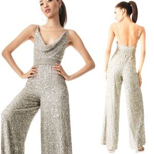 Alice + Olivia Womens SilverJumpsuit Low Back Formal Sequined Jumpsuit Size 4